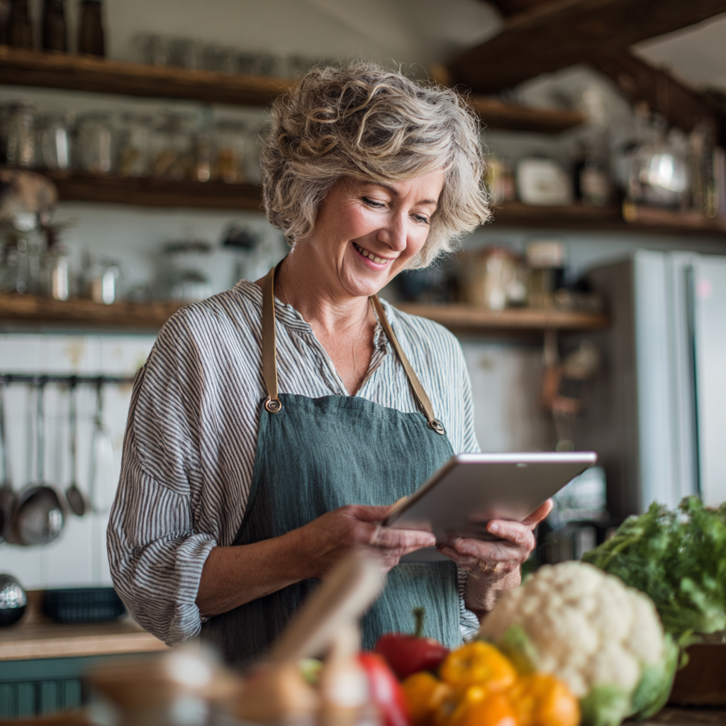 Mature woman smiling while looking at nutritional results on tablet in bright kitchen