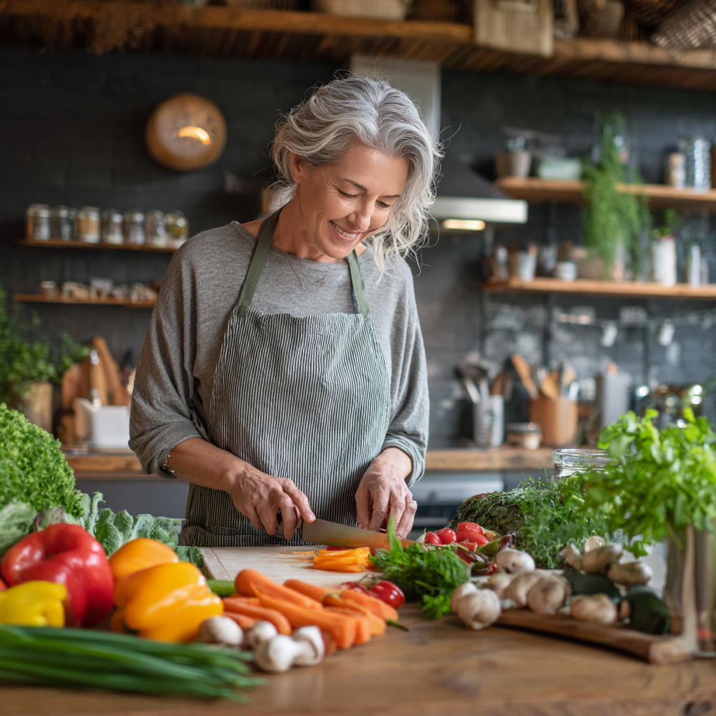 Middle aged woman preparing healthy meal with fresh vegetables in modern kitchen